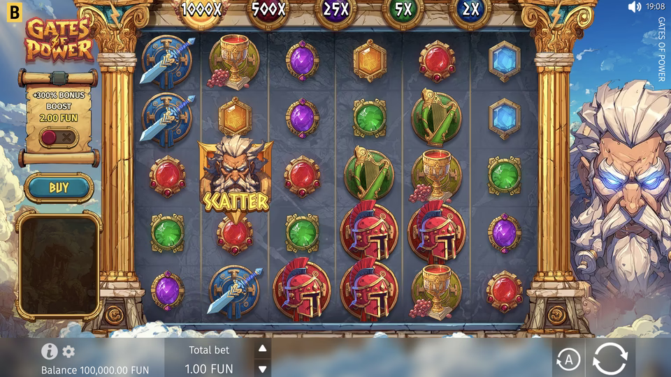 Gates of Power base game reels with reel-top multipliers