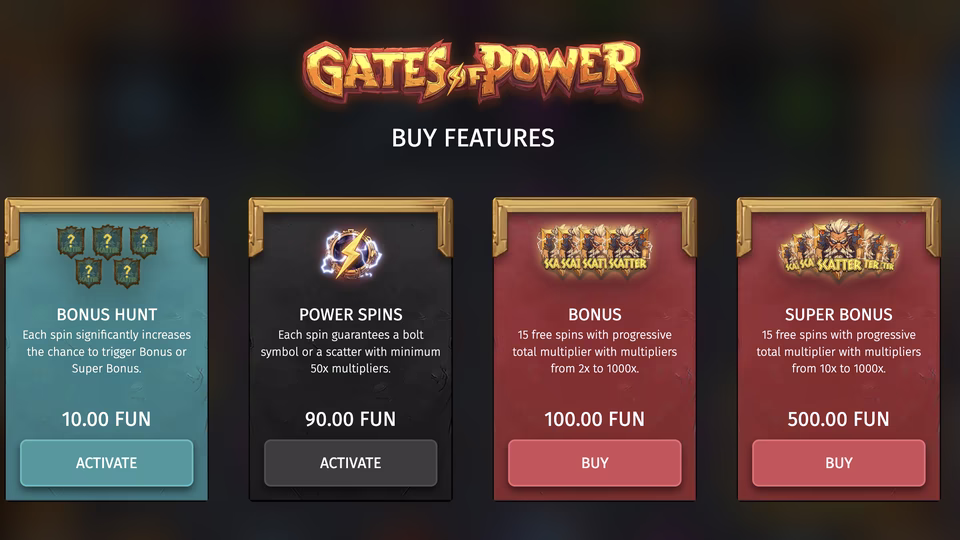 Gates of Power bonus buy menu with feature purchase options